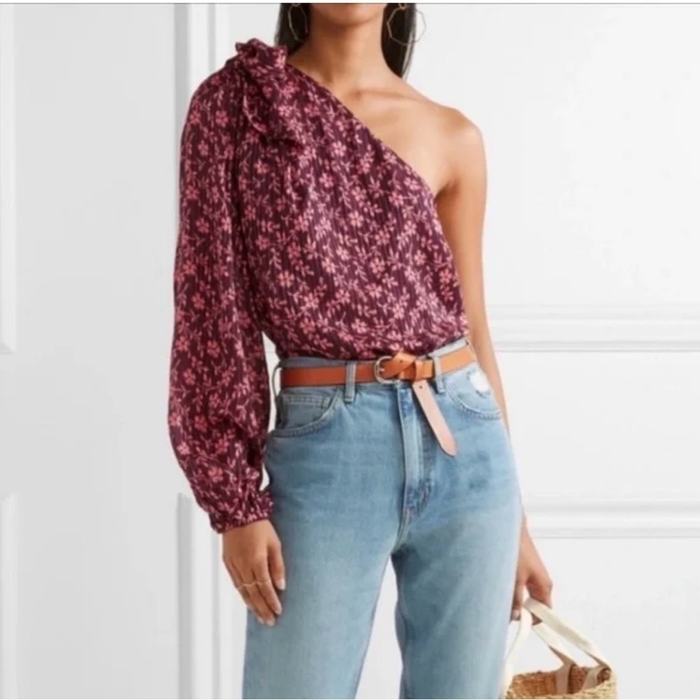 Ulla Johnson Enid Purple One Shoulder Blouse with Bow Cottagecore Prairie Silk